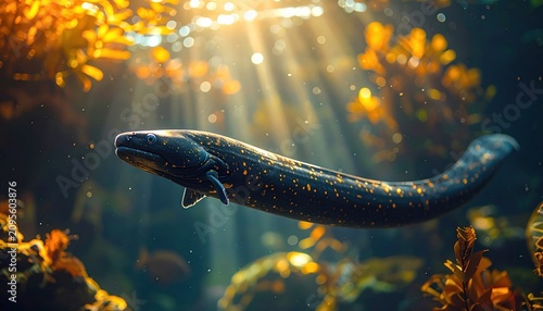 Deep sea eel with golden speckles swims through sunlit kelp forest