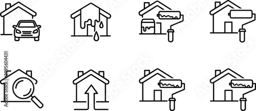 Home maintenance and real estate line icon set featuring house painting inspection garage and renovation property symbols