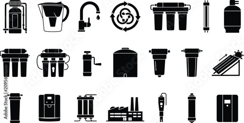 Water filtration system and purification treatment vector icons set for reverse osmosis plumbing utility domestic home clean,