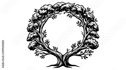 Cuadro en lienzo Circular Tree Wreath Frame - Nature Symbol, Organic Design, Black and White Illu