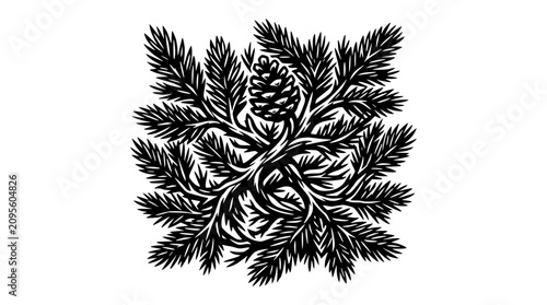Foto Elegant pine cone and fir branches illustration, black and white graphic design