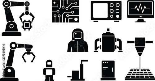 Robotic automation and industrial manufacturing vector icons set for smart factory microchip electronics hardware engineering technology,