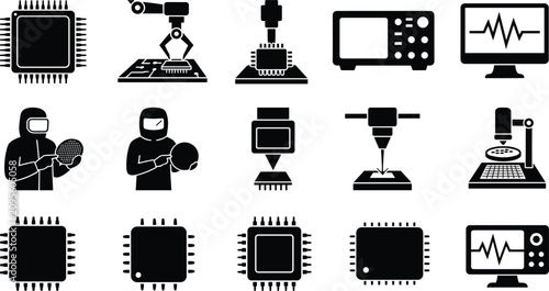 Cuadro en lienzo Microchip fabrication and semiconductor engineering vector icons set for automat