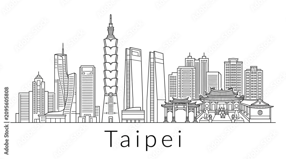 Obraz premium Taipei Skyline Outline Vector - Modern Architecture and Traditional Landmark