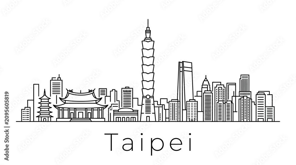 Obraz premium Taipei skyline outline illustration, modern city, traditional architecture, white background