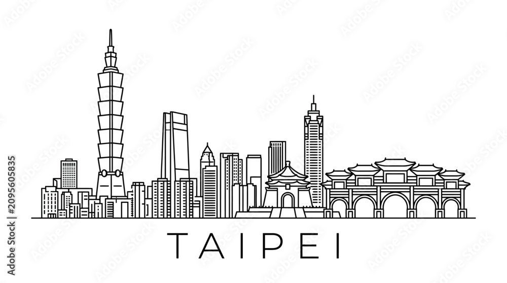 Obraz premium Taipei Skyline Silhouette - Iconic Buildings and Archway - Vector Illustration