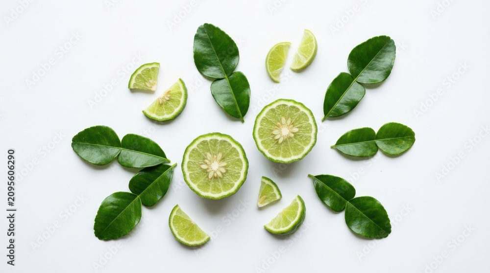 Obraz premium Sliced kaffir lime halves and leaves composition with ingredient