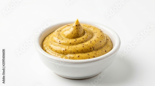 Coarse grain mustard swirl in small white ceramic bowl with condiment