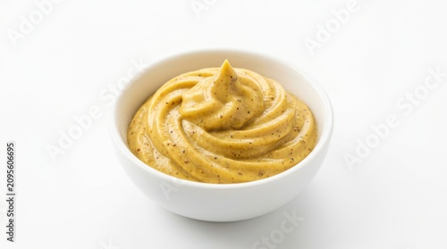 Dijon mustard swirl in minimalist white bowl with condiment, culinary