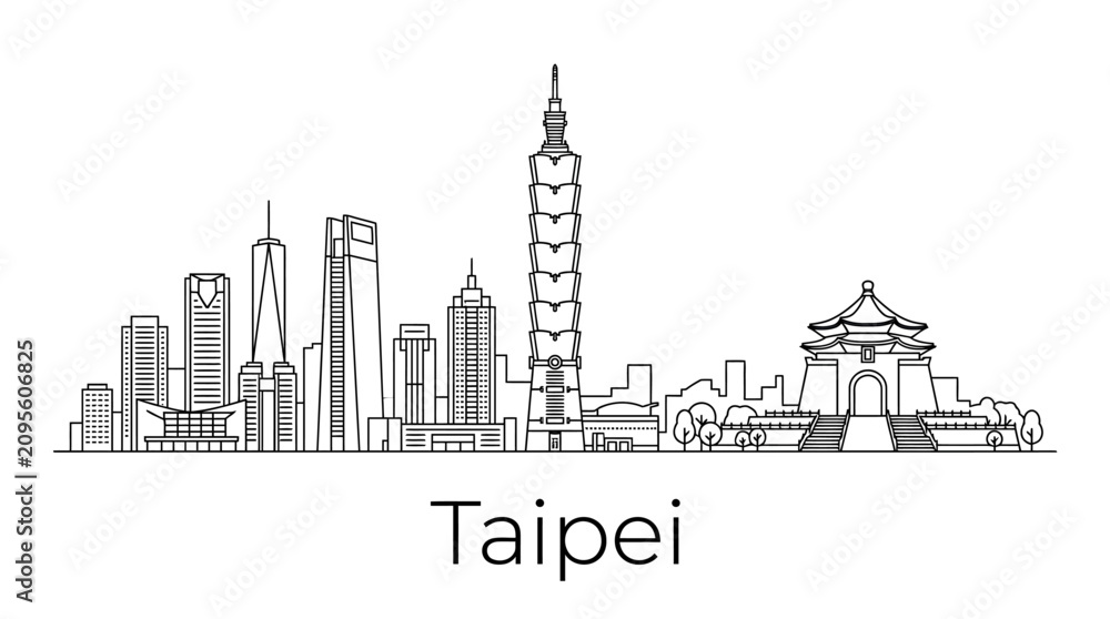 Obraz premium Taipei Skyline Silhouette: Iconic Landmarks and Modern Architecture in Outline Art