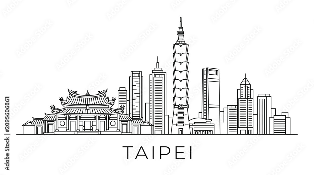 Obraz premium Taipei skyline vector illustration, modern skyscrapers and traditional temple, line art
