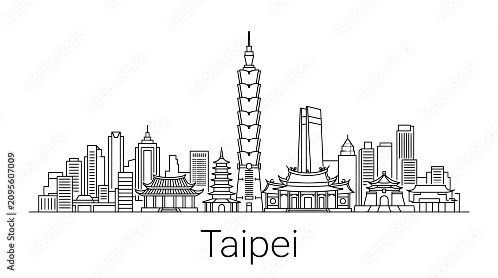 Obraz premium Taipei Skyline, Taiwan - Minimalist Line Art Cityscape, Taipei 101 Landmark