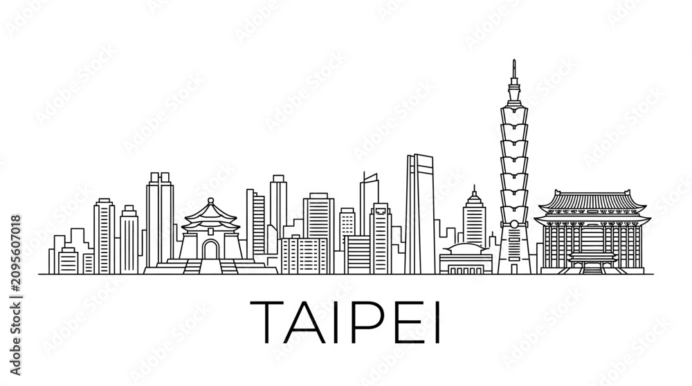 Fototapeta premium Taipei Skyline, Taiwan Cityscape Outline - Vector Art