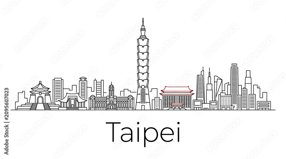 Obraz premium Taipei skyline, Taiwan - modern architecture, landmarks, city view, line art