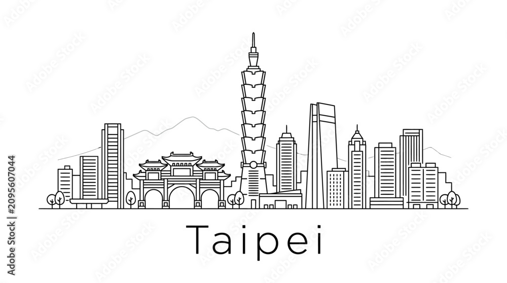 Obraz premium Taipei Skyline, Taiwan Landmark Architecture, Cityscape Line Art Illustration