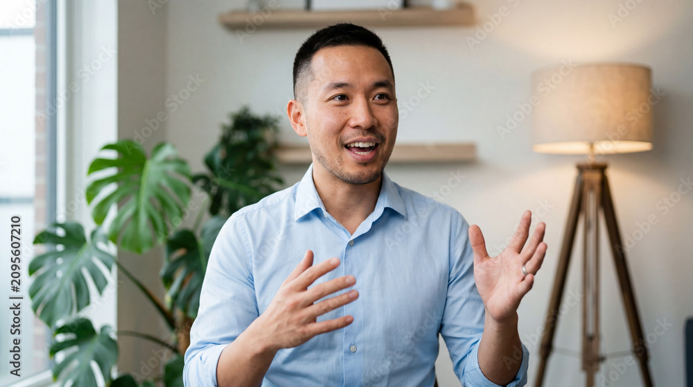 Fototapeta premium Man talks and gestures during discussion in a bright room with plants and light from windows in a modern setting