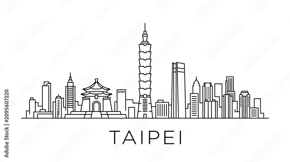 Obraz premium Taipei City Skyline Outline - Taiwan Landmark Silhouette Vector Art