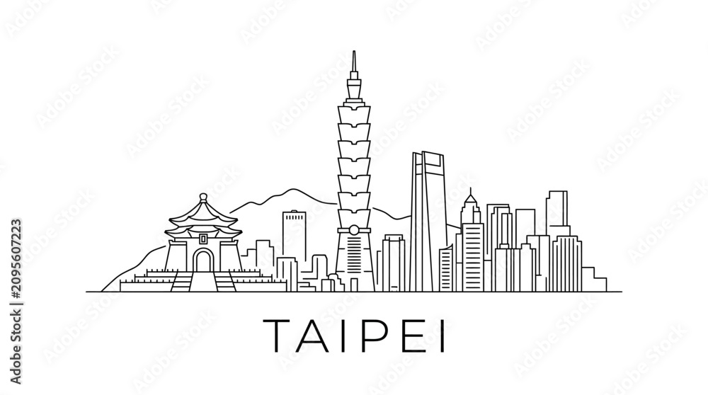 Obraz premium Taipei City Skyline Outline - Iconic Buildings, Artistic Illustration