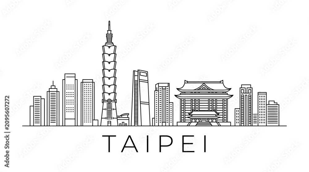 Obraz premium Taipei City Skyline Vector Illustration: Iconic Buildings with Traditional Architecture