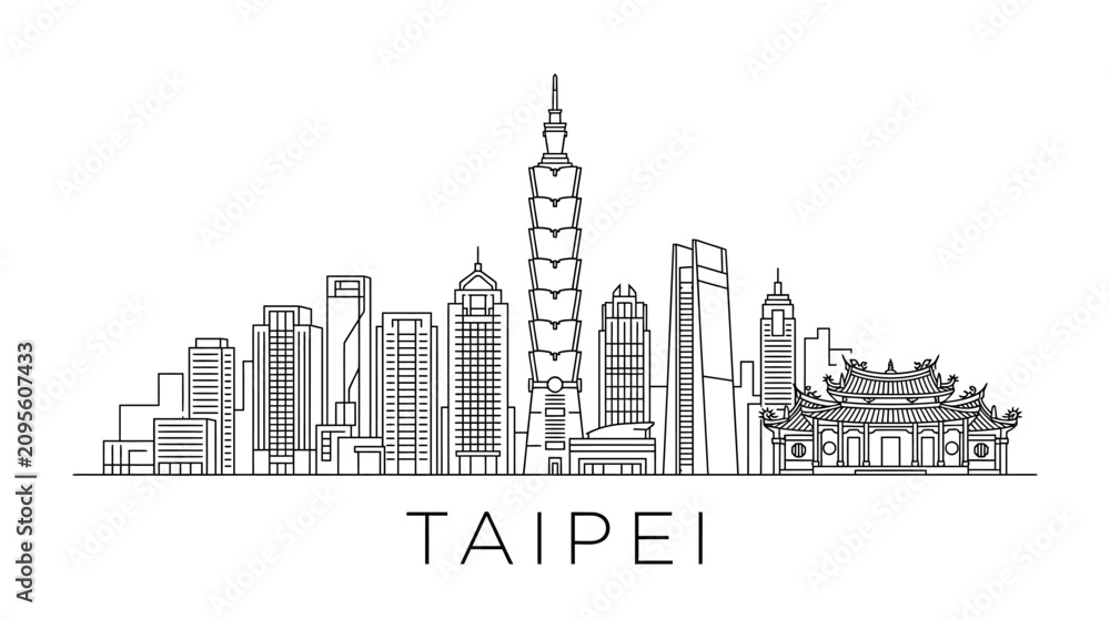 Obraz premium Taipei Skyline - Line Art Cityscape with Taipei 101 and traditional architecture