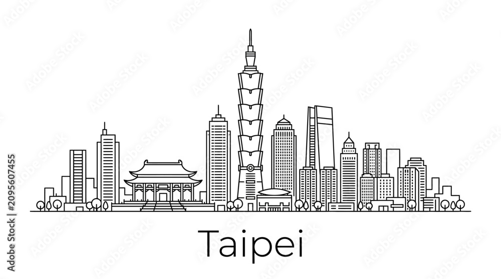 Obraz premium Taipei Skyline Art - Modern Architecture & Traditional Temple - Vector Illustration