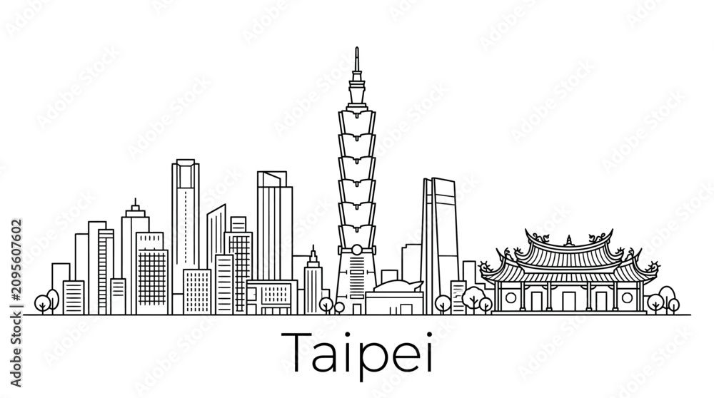 Obraz premium Taipei skyline illustration with iconic buildings and traditional architecture