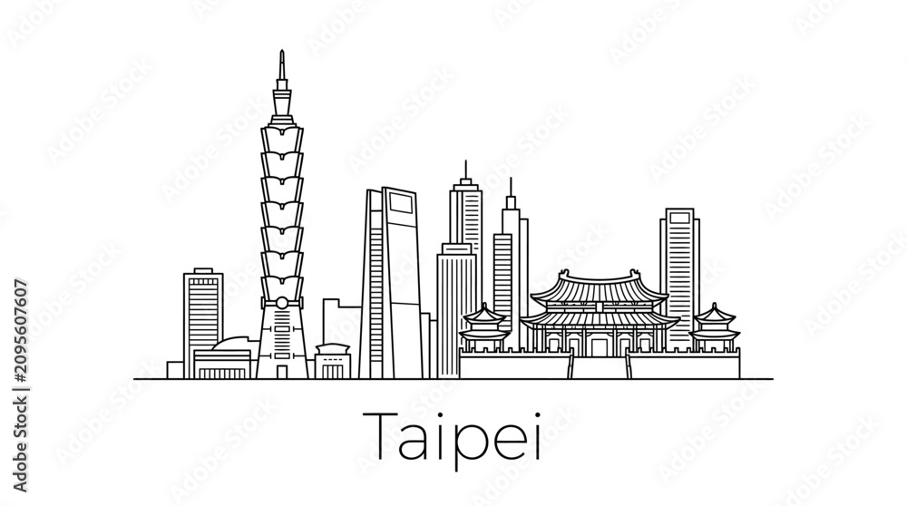 Obraz premium Taipei skyline illustration, abstract line art sketch of iconic landmarks and modern buildings.