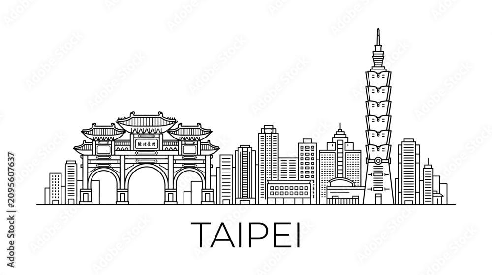 Obraz premium Taipei Skyline: Landmark Buildings, Arch, Modern Architecture, Cityscape Line Art