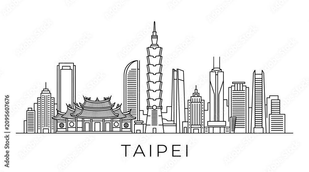 Obraz premium Taipei Skyline Line Art - Iconic Buildings and Traditional Architecture