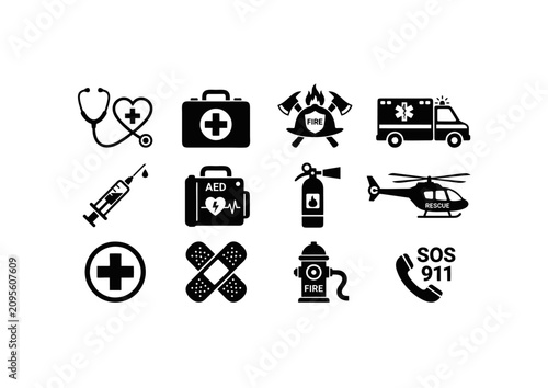 Black Emergency Medical Services Icon Set Vector Isolated on White Background, EMS Ambulance Firefighter First Aid Rescue Healthcare Symbols 