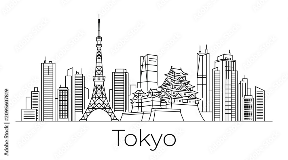 Obraz premium Tokyo Skyline Line Art - Iconic Landmarks and Modern Architecture