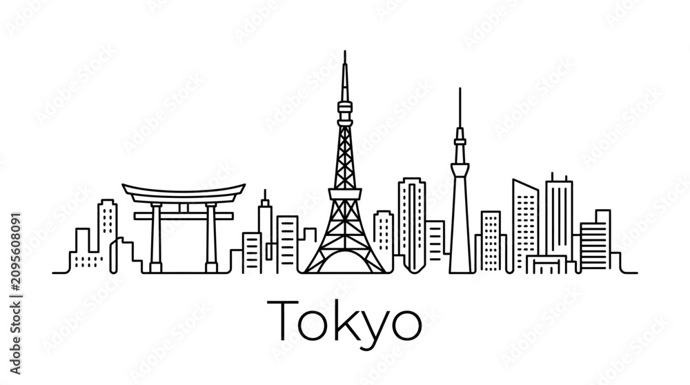 Fototapeta premium Tokyo Skyline Outline: Torii Gate, Tokyo Tower, Skytree, Modern Architecture