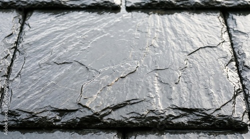 Close-up of wet, dark gray slate shingles, showing natural stone texture and glistening surface.
