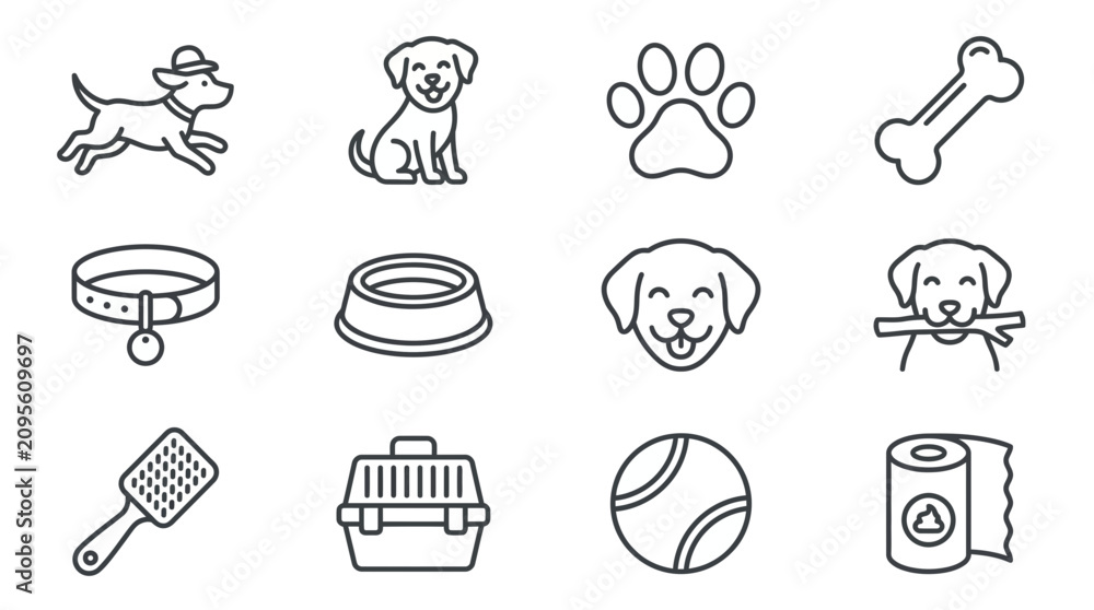 Fototapeta premium Dog Icon Set: Cute Puppy, Paw Print, Bone, Collar, Bowl, Brush, Carrier, Ball, Toilet Paper