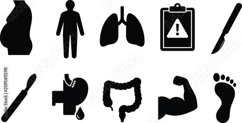 Obraz na płótnie Medical and bariatric surgery icon set vector featuring anatomy lungs stomach in