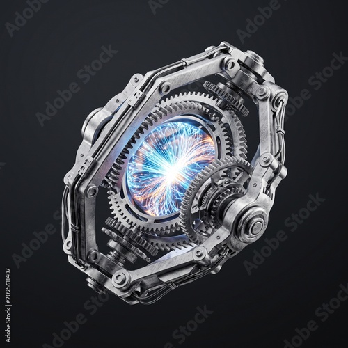 Creative Futuristic mechanical core with glowing energy sphere, complex metallic gears and clockwork machinery, sci-fi power source engine on dark background 2k