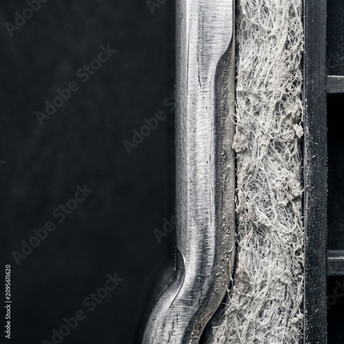 Creative Industrial mineral wool insulation texture, macro view of thermal fiberglass material in metal frame, construction insulation detail 2k