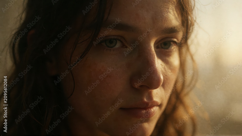 Fototapeta premium Young woman portrait in autumn light. Female face looking thoughtful during the golden fall season.