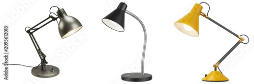 Fotografie Three desk lamps in different colors: gray, black, and yellow, isolated on a whi