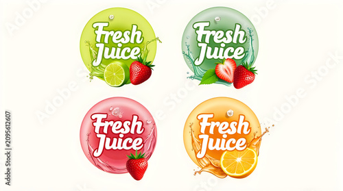 Fresh juice labels with colorful fruit and splash designs illustration