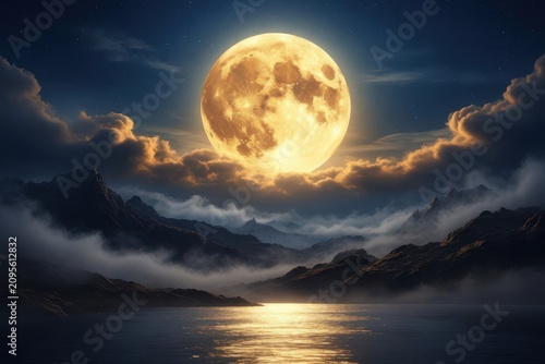 Golden Full Moon Rising Above Cloud Sea Over Jagged Mountain Peaks At Night