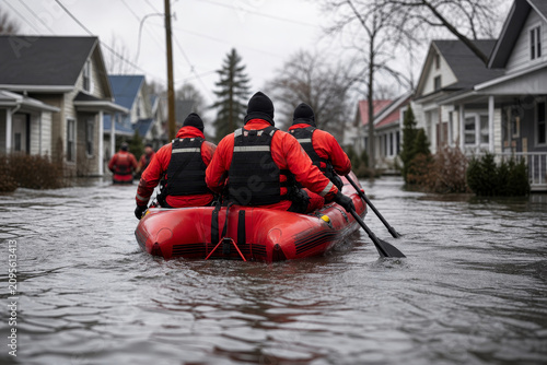 Rescuers in boat paddling through flooded street as natural disaster recovery. Emergency team in uniform helping citizens during high water event. Urban flood damage management.