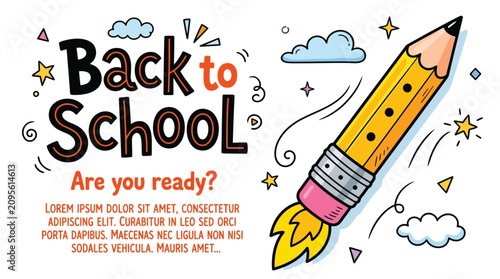 Yellow pencil rocket flying through the sky for a colorful back to school education banner