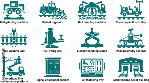 Railway maintenance icons, railroad equipment symbols, train repair signs, 12 teal vector graphics
