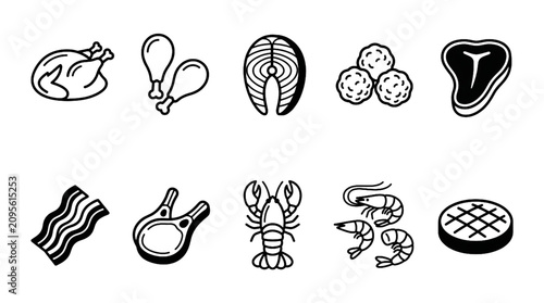 Chicken Fried Chicken Nuggets Patties Sausages Shrimp Meat and Seafood Black and White Vector Icon Set
