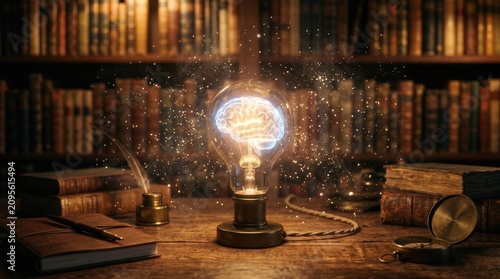 Glowing lightbulb with brain filament on wooden desk. Vintage library bookshelves in blurred background for Knowledge Day concept.