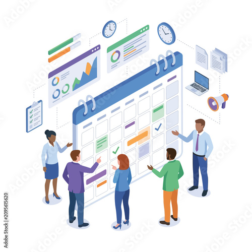 Business team planning and organizing tasks on a large calendar with charts