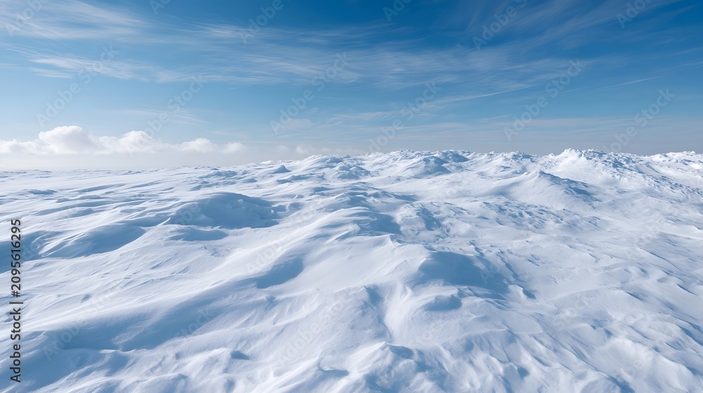 Fototapeta premium A vast snowy landscape under a bright blue sky with wispy clouds and wind sculpted snow ridges stretching to the horizon