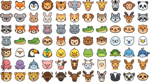 Photography Adorable animal heads vector bundle with funny lion tiger elephant safari charac