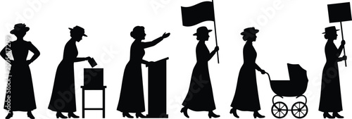 Suffragette women silhouettes set, historical voting rights movement, protest march vector illustration